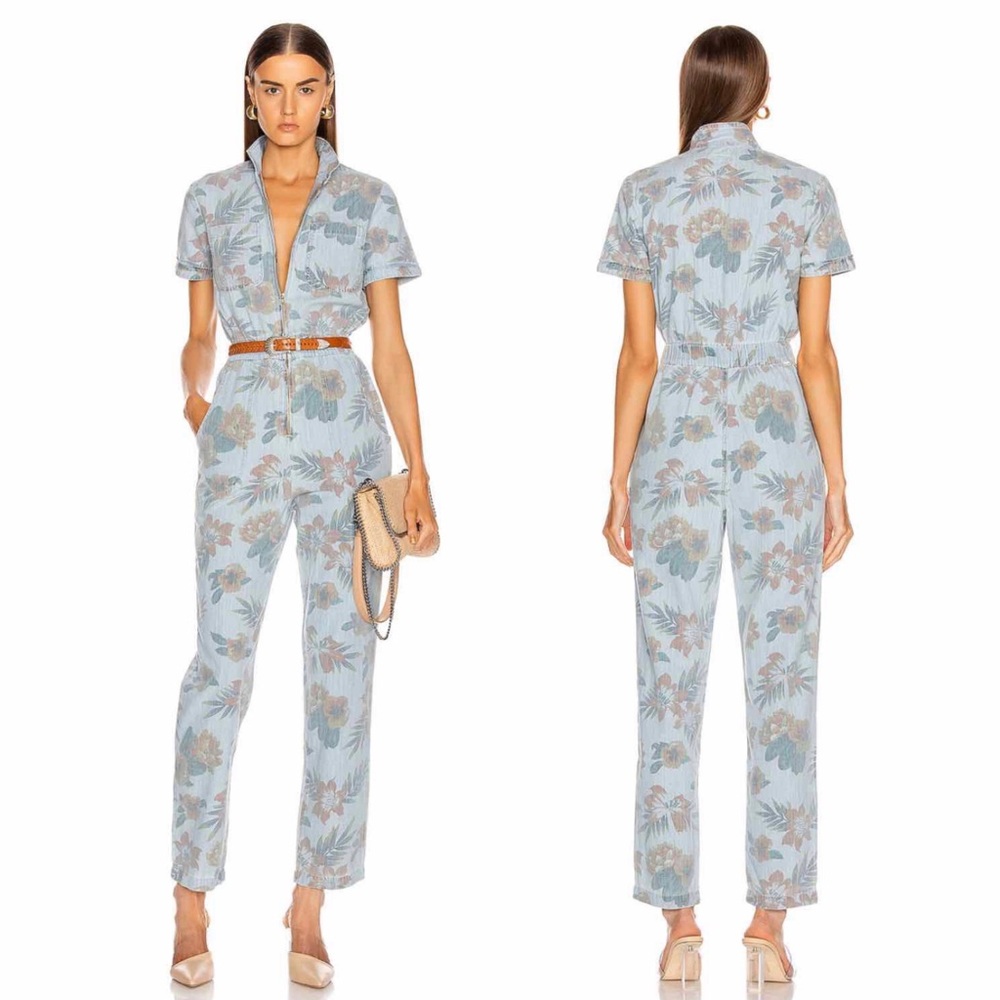 MOTHER Zip-Up Jumpsuit Pants Floral Blue XS